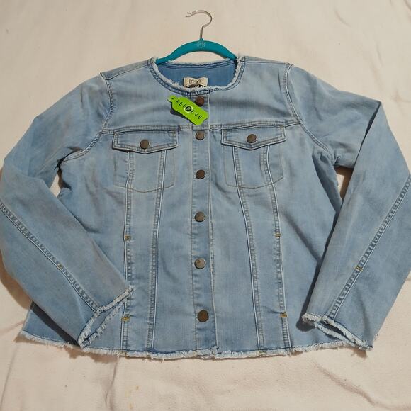 NWOT LOGO stretch denim light wash raw edge hem/sleeve snap front jacket sz 10 - Picture 4 of 15